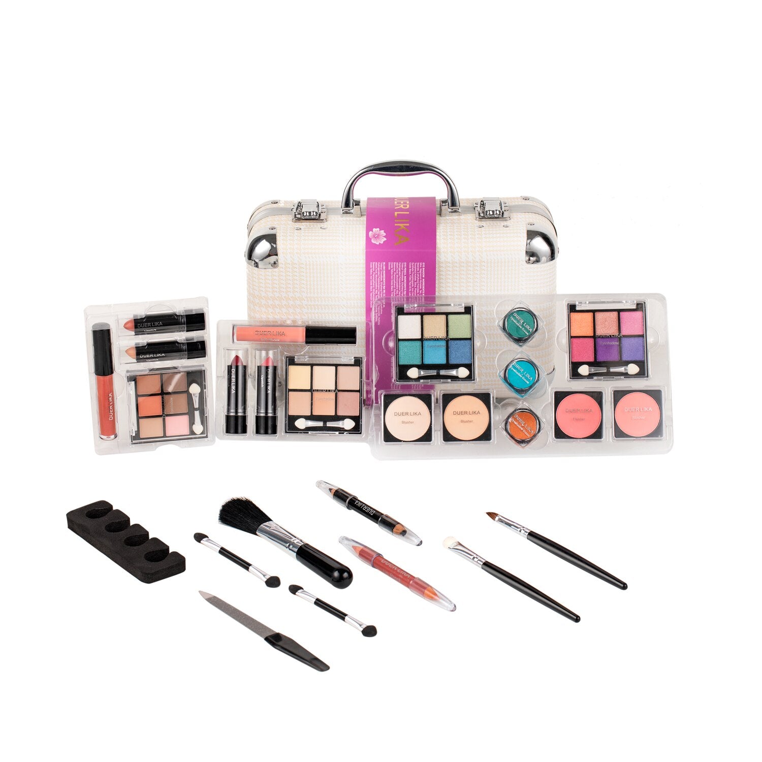 Professional 24 Color Eyeshadow Blush Makeup Set Train Case with Pro Make Up Kit and Reusable Aluminum Box